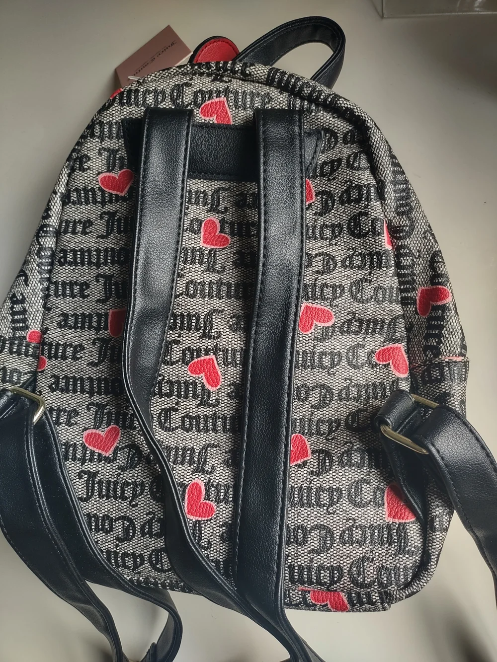 Juicy Couture Black Logo Valentine Hearts Canvas Mini Backpack Red Heart Charm